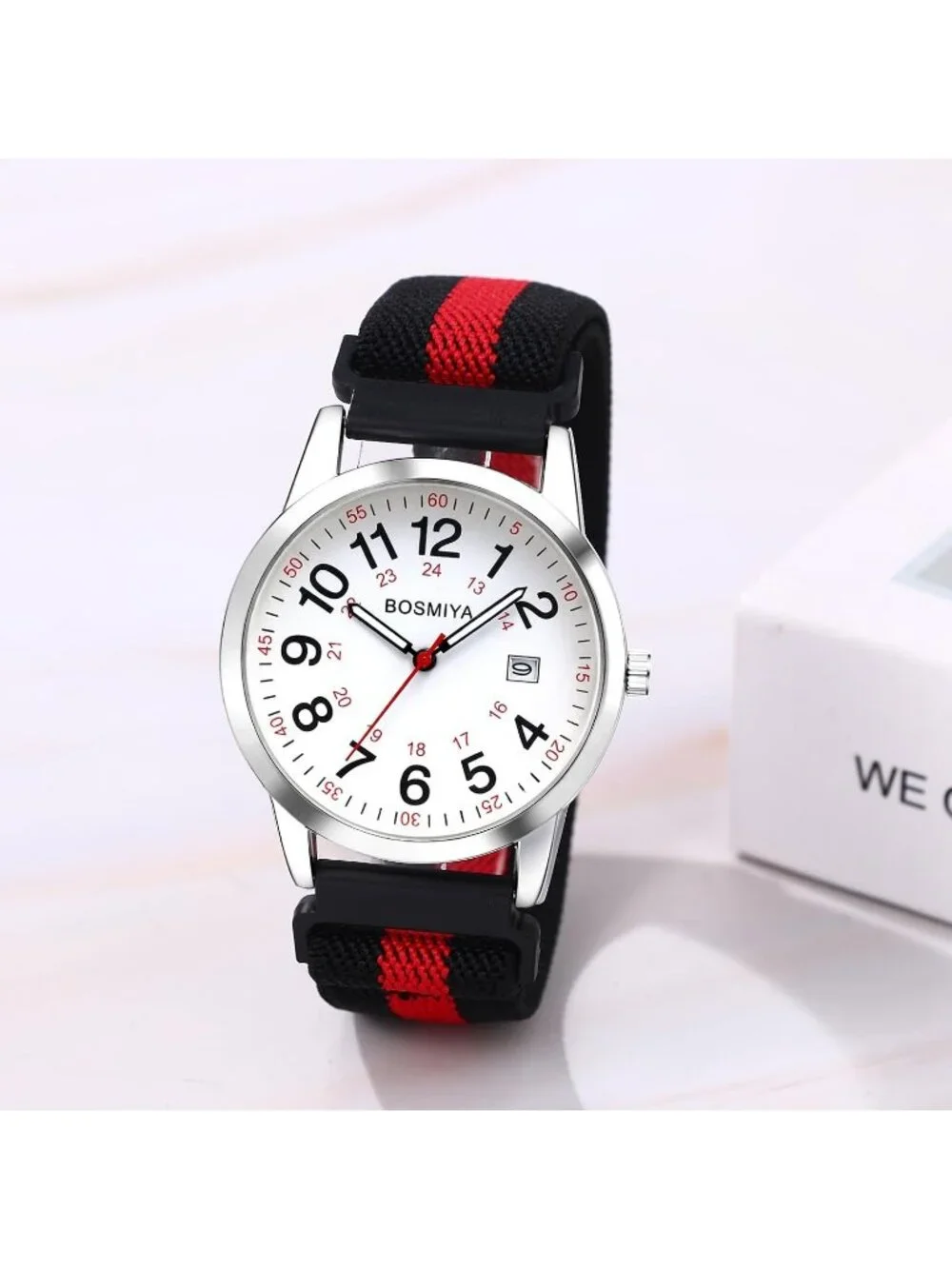 Women's White Red Quartz Analog Nylon Strap Elastic Band Date Wrist Watches